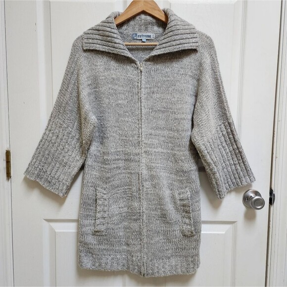 Extreme Cardigan Sweater Womens XL Heather Gray Shawl Full Zip Pockets Longline - Picture 1 of 10